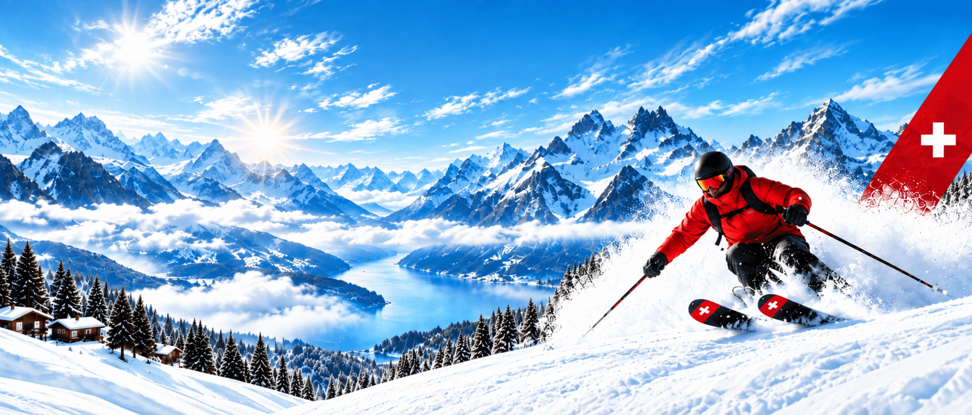 Skier descending the slopes above Hotel Rebstock in Meiringen