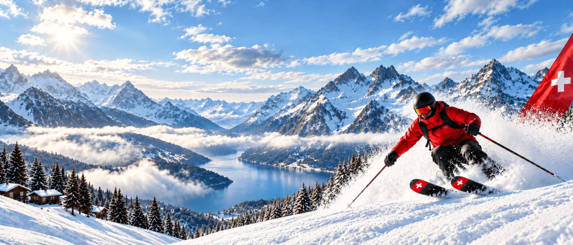 Skier descending the slopes above Hotel Rebstock in Meiringen
